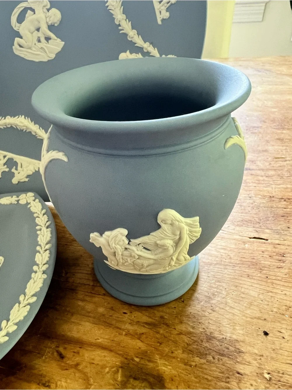 Iconic Wedgwood Blue Jasperware 4 Piece Set Plate, 2 Vases,Trinket Dish Pristine